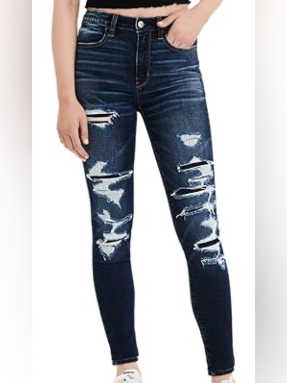 NWOT American Eagle Patched Ripped Super High-Rise Dark Blue Womens Jeggings 4